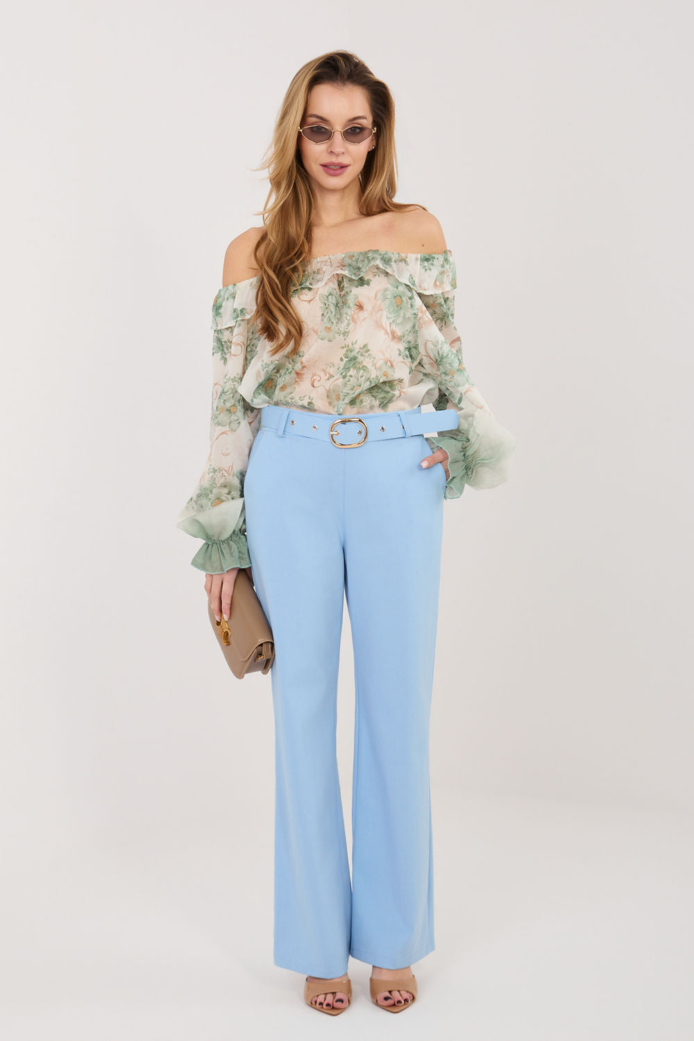 Rue Paris Light Blue Straight High Waisted Cotton Trousers