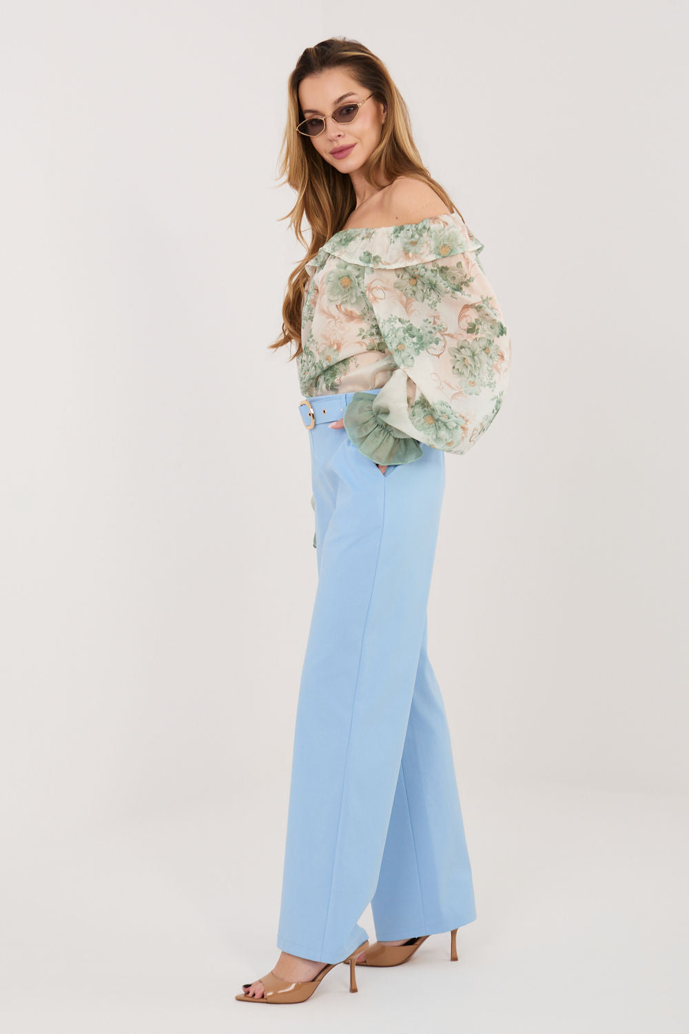 Rue Paris Light Blue Straight High Waisted Cotton Trousers - view 2