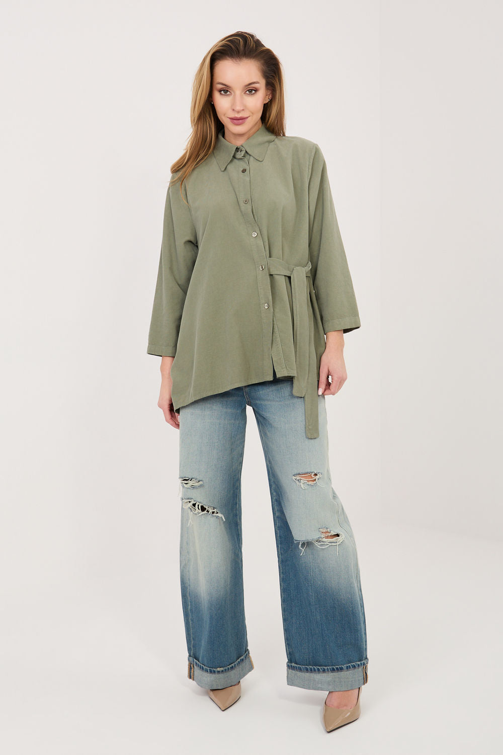 Rue Paris Khaki Cotton Long Sleeve Top - view 2