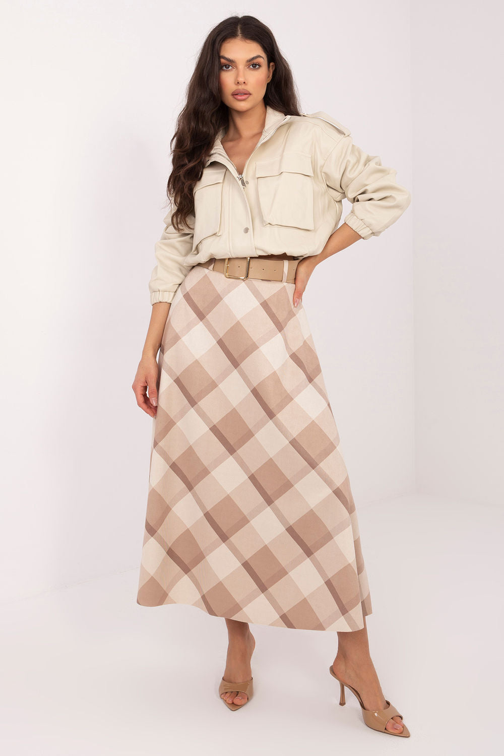 Italy Moda Beige Flared Maxi Skirt