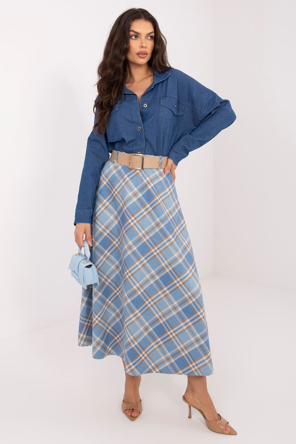 Italy Moda Blue Polyester Flared Maxi Skirt