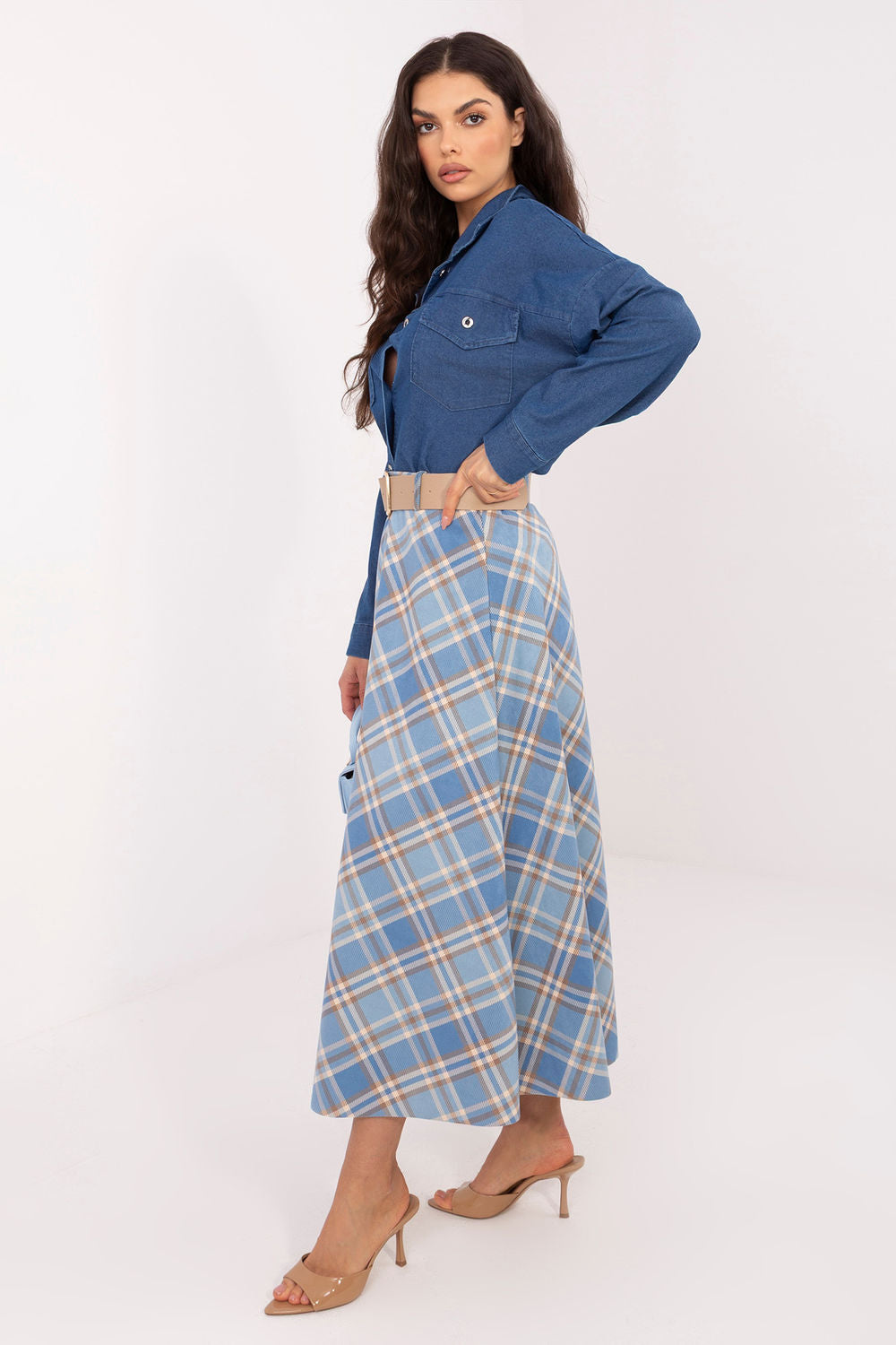 Italy Moda Blue Polyester Flared Maxi Skirt - view 2