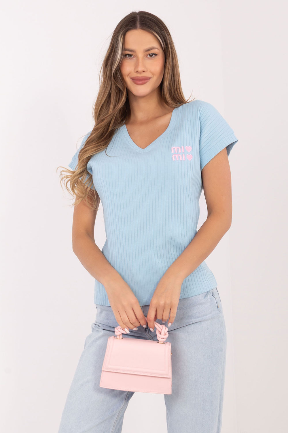 Relevance Light Blue V-Neck Short Sleeve Cotton Blouse