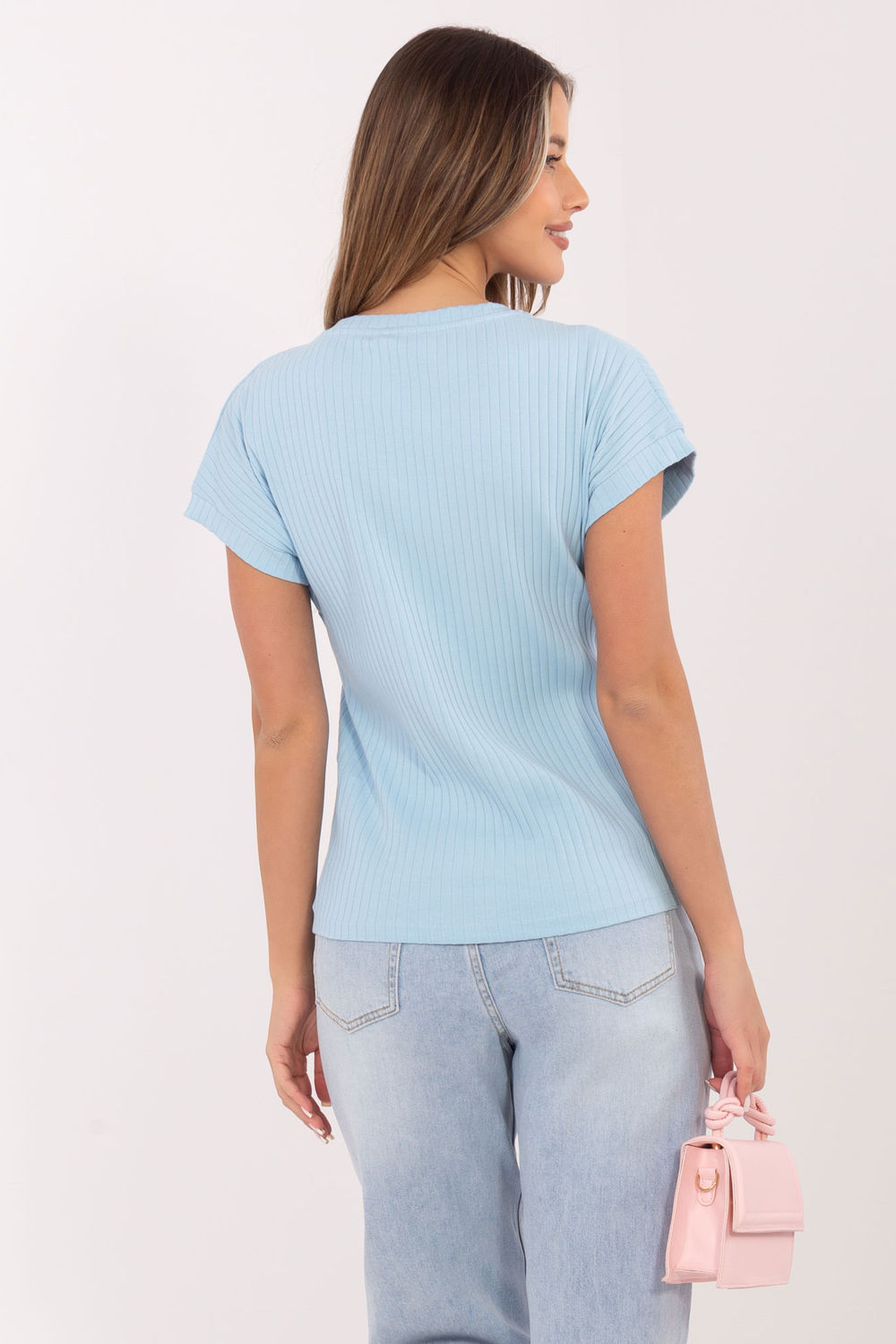 Relevance Light Blue V-Neck Short Sleeve Cotton Blouse - view 3
