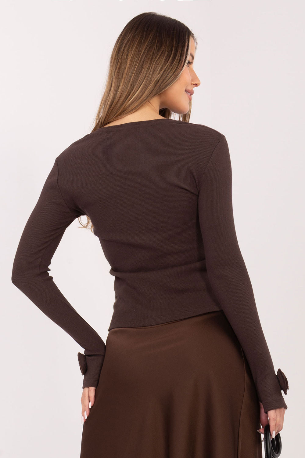 Rue Paris Dark Brown Bodycon Long Sleeve Blouse - view 3
