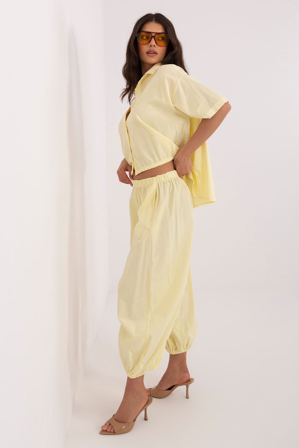 Italy Moda Light Yellow High Waisted Cotton Corduroy Trousers - view 2