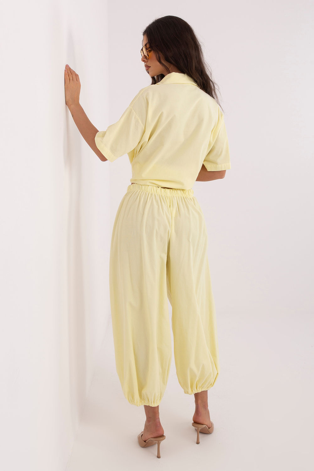 Italy Moda Light Yellow High Waisted Cotton Corduroy Trousers - view 3