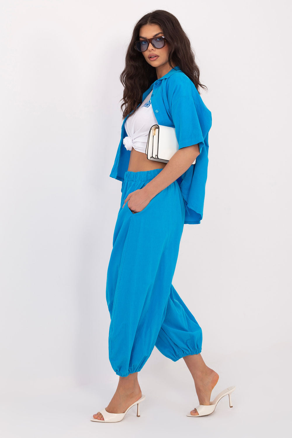 Italy Moda Blue High Waisted Cotton Corduroy Trousers - view 2