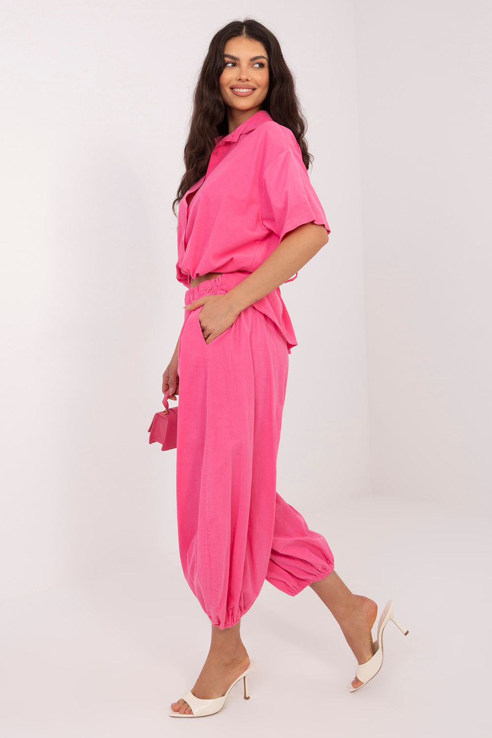 Italy Moda Dark Pink High Waisted Cotton Corduroy Trousers - view 2