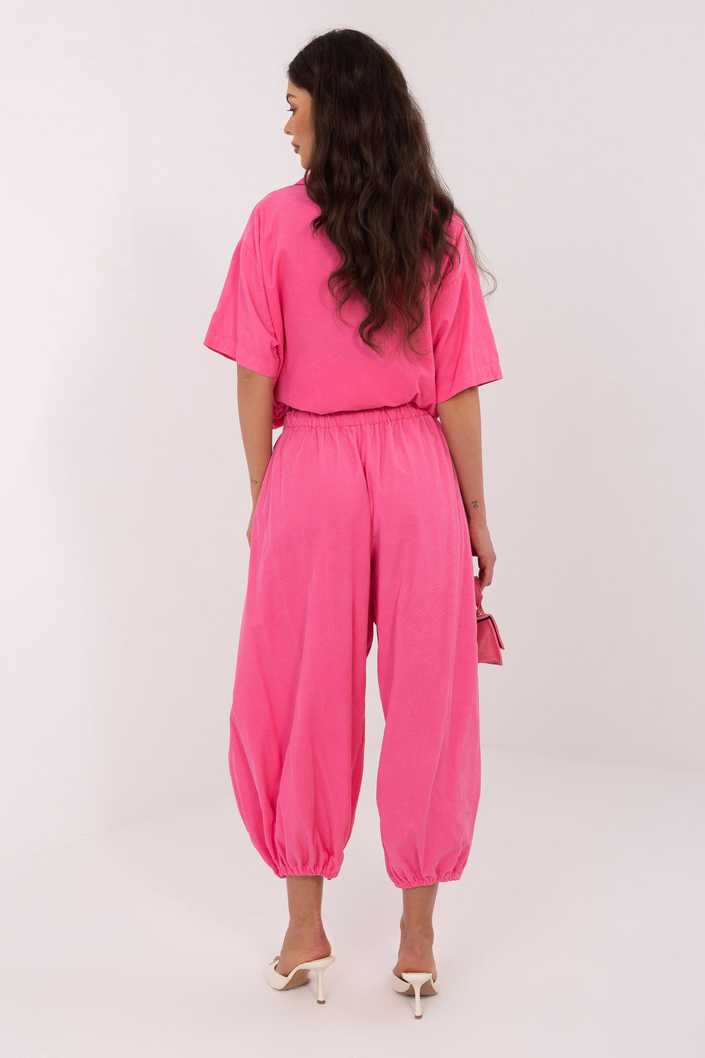 Italy Moda Dark Pink High Waisted Cotton Corduroy Trousers - view 3