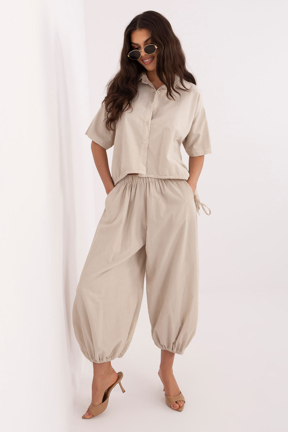 Italy Moda Beige High Waisted Cotton Corduroy Trousers with Pockets
