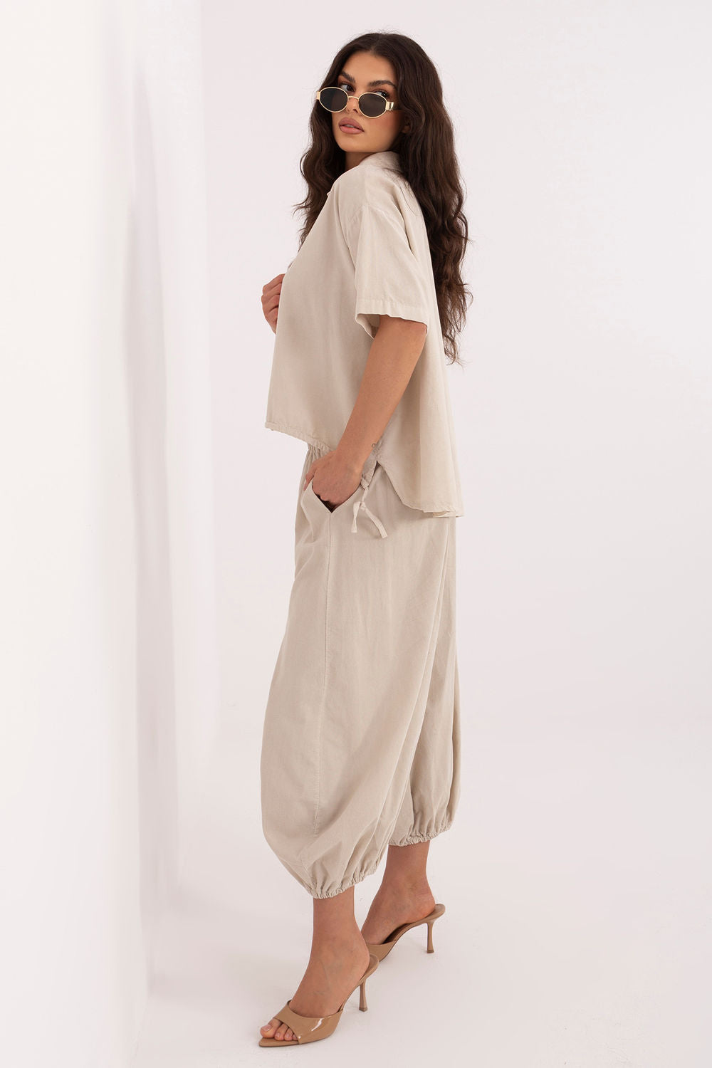 Italy Moda Beige High Waisted Cotton Corduroy Trousers with Pockets - view 2