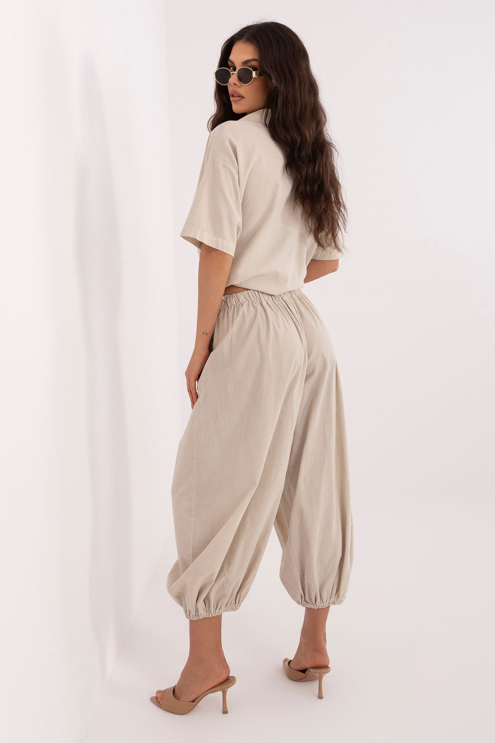 Italy Moda Beige High Waisted Cotton Corduroy Trousers with Pockets - view 3