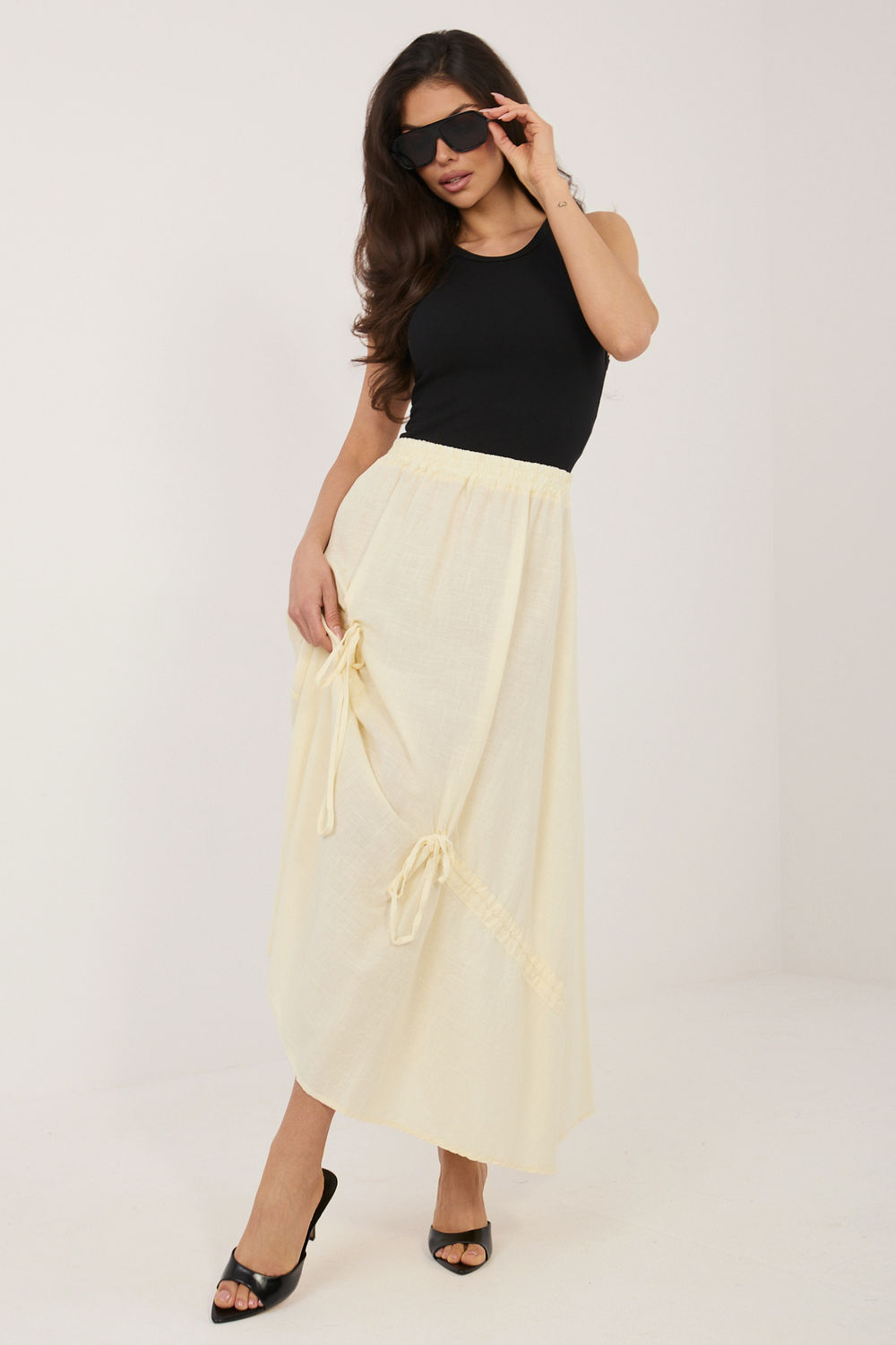Italy Moda Light Yellow Linen Cotton Maxi Skirt - view 2