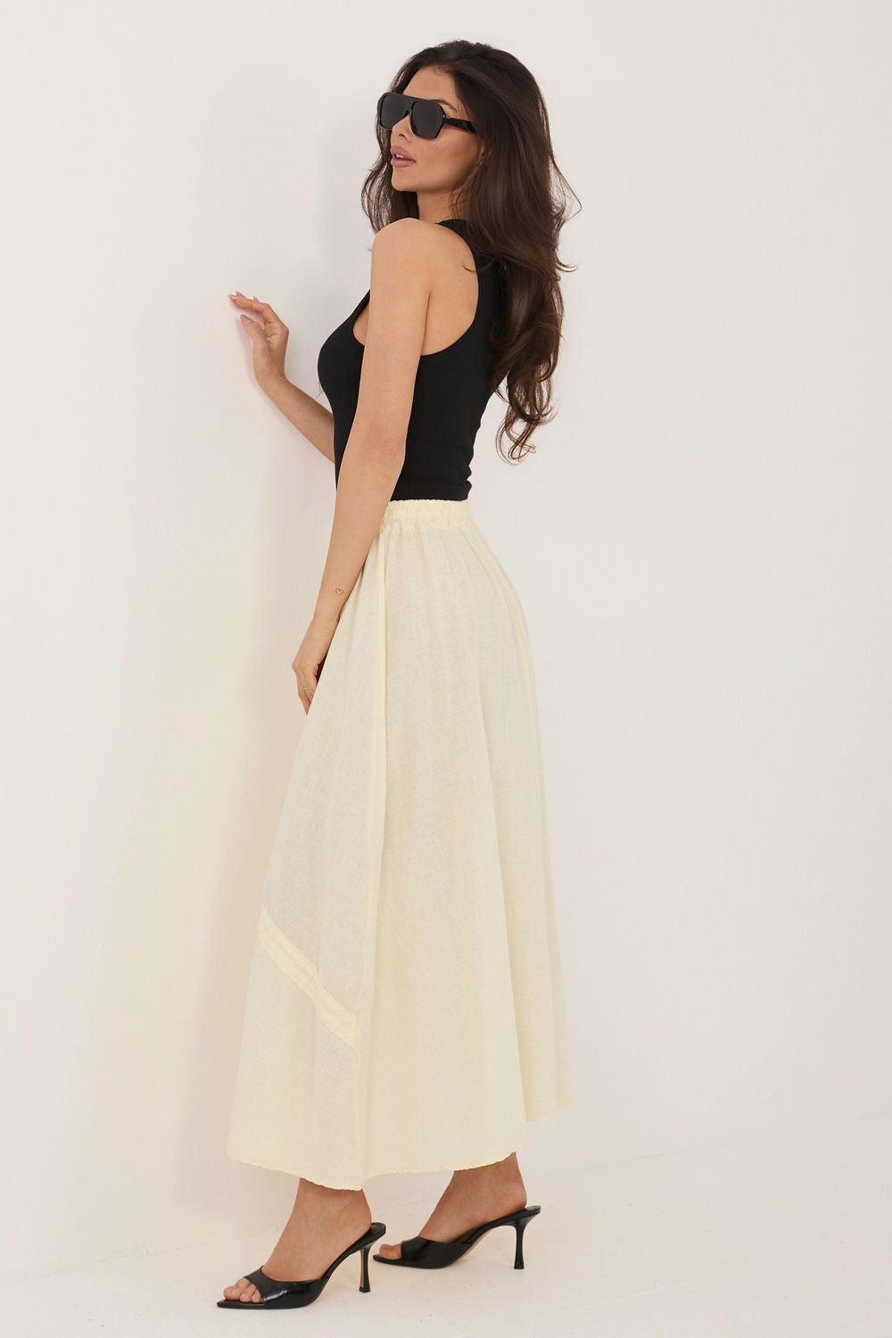 Italy Moda Light Yellow Linen Cotton Maxi Skirt - view 3