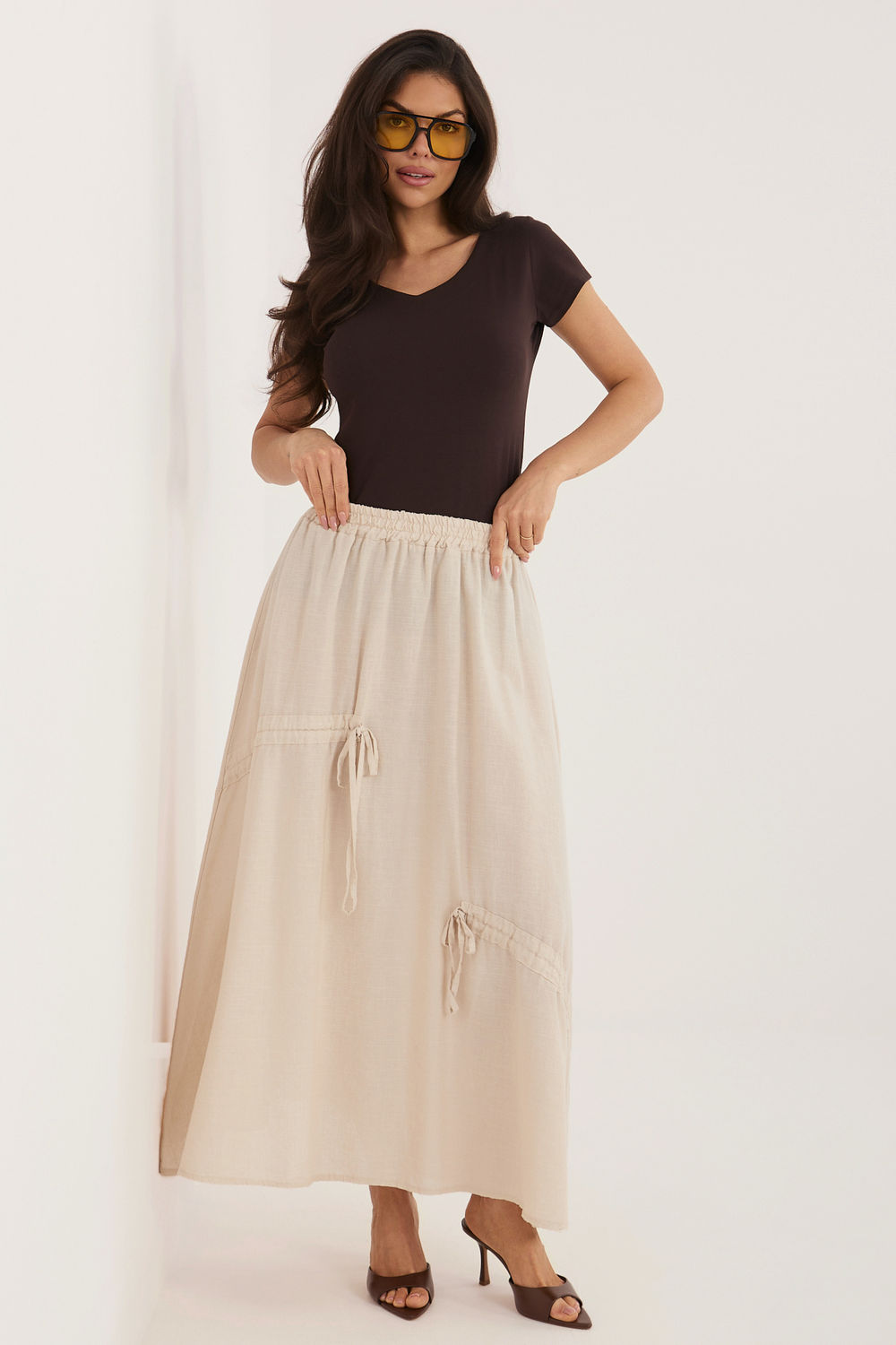 Italy Moda Beige Linen Cotton Maxi Skirt