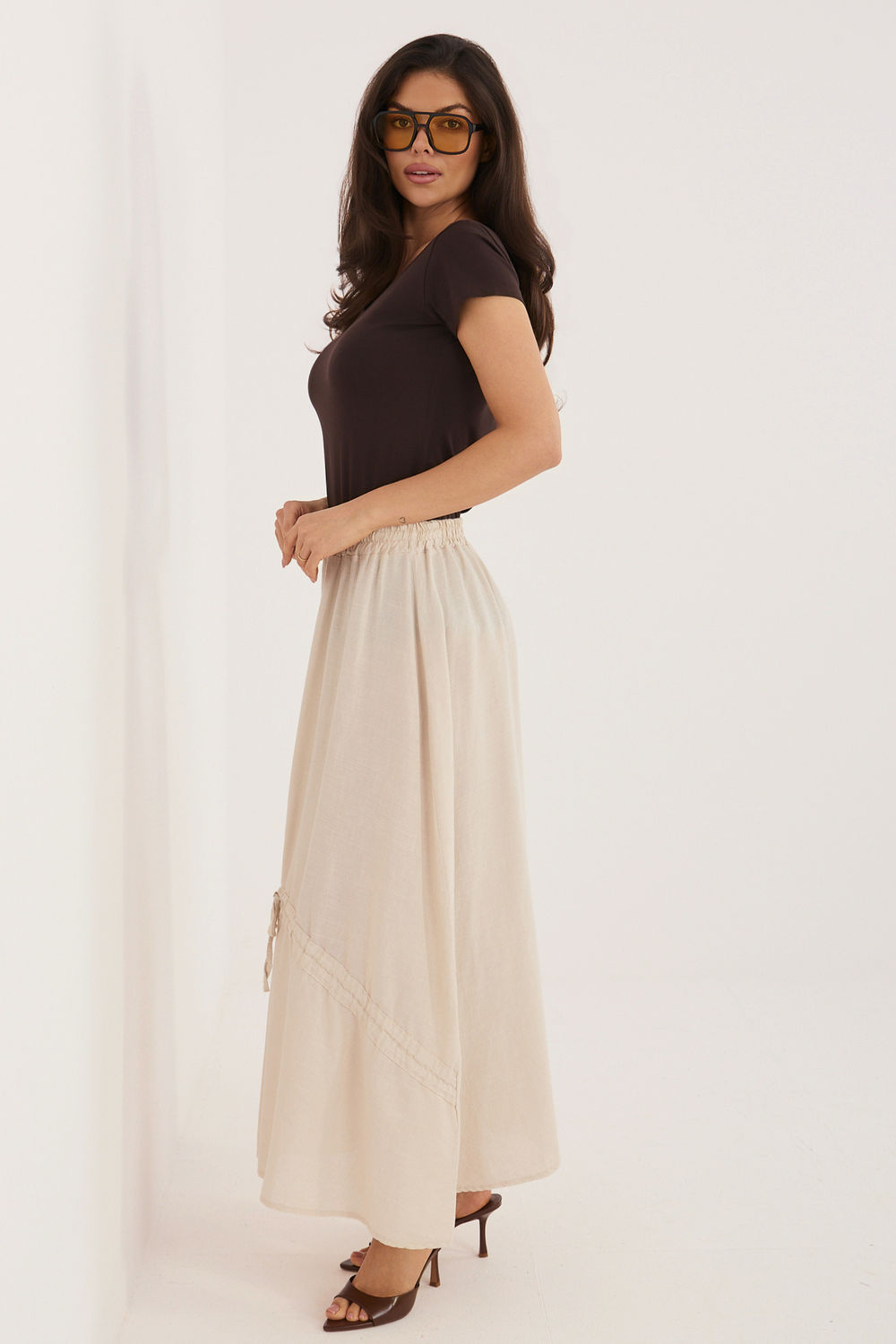 Italy Moda Beige Linen Cotton Maxi Skirt - view 3