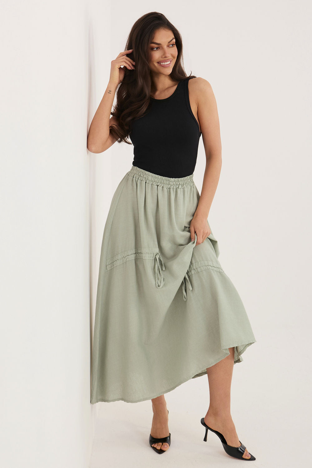 Italy Moda Khaki Linen Cotton Maxi Skirt