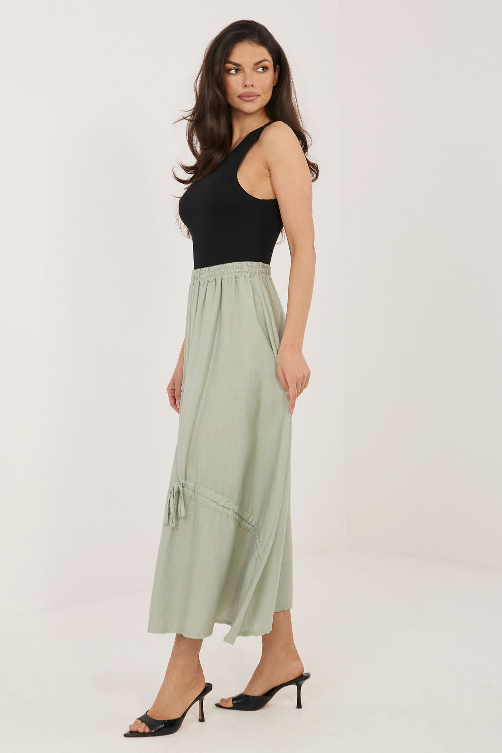 Italy Moda Khaki Linen Cotton Maxi Skirt - view 2