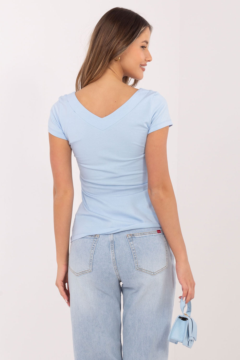 Rue Paris Light Blue V-Neck Short Sleeve Blouse - view 3
