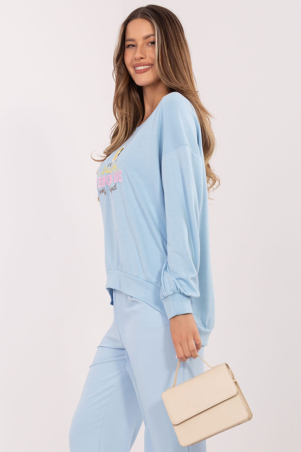 Rue Paris Light Blue Round Neck Long Sleeve Sweatshirt - view 3