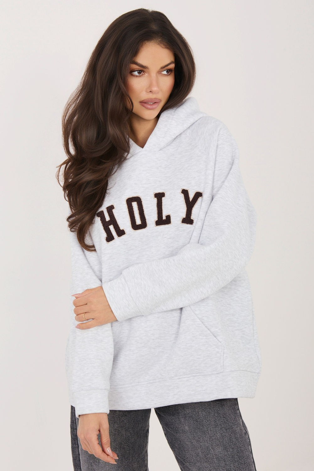 Rue Paris Light Grey Hooded Long Sleeve Cotton Sweatshirt with Pockets