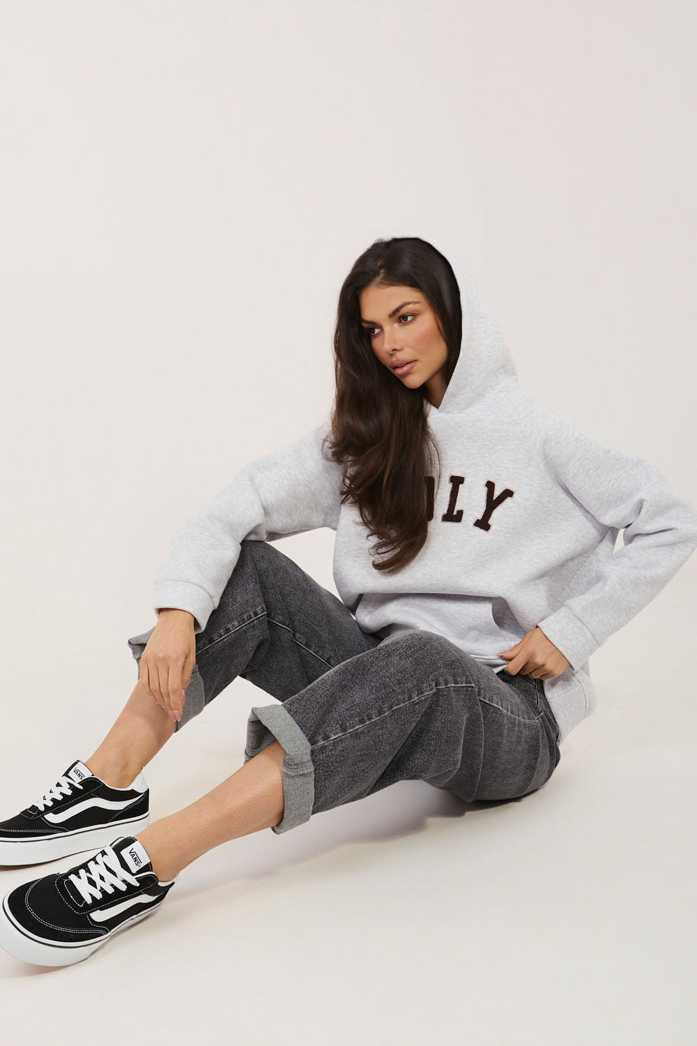 Rue Paris Light Grey Hooded Long Sleeve Cotton Sweatshirt with Pockets - view 2