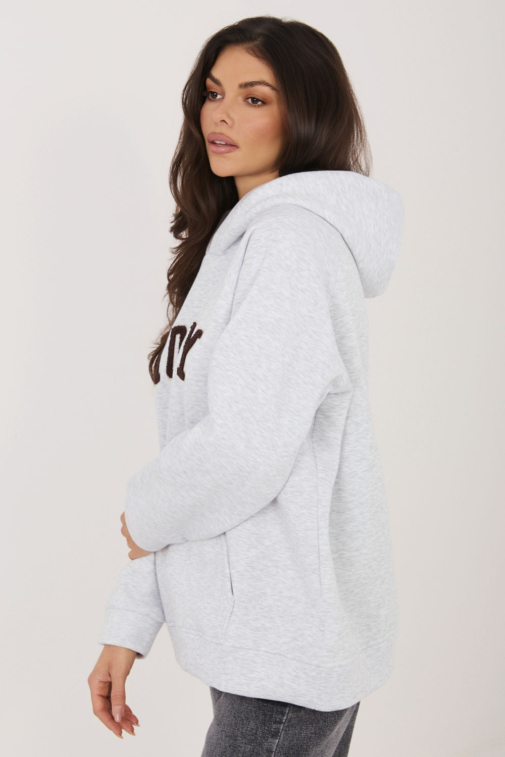 Rue Paris Light Grey Hooded Long Sleeve Cotton Sweatshirt with Pockets - view 4