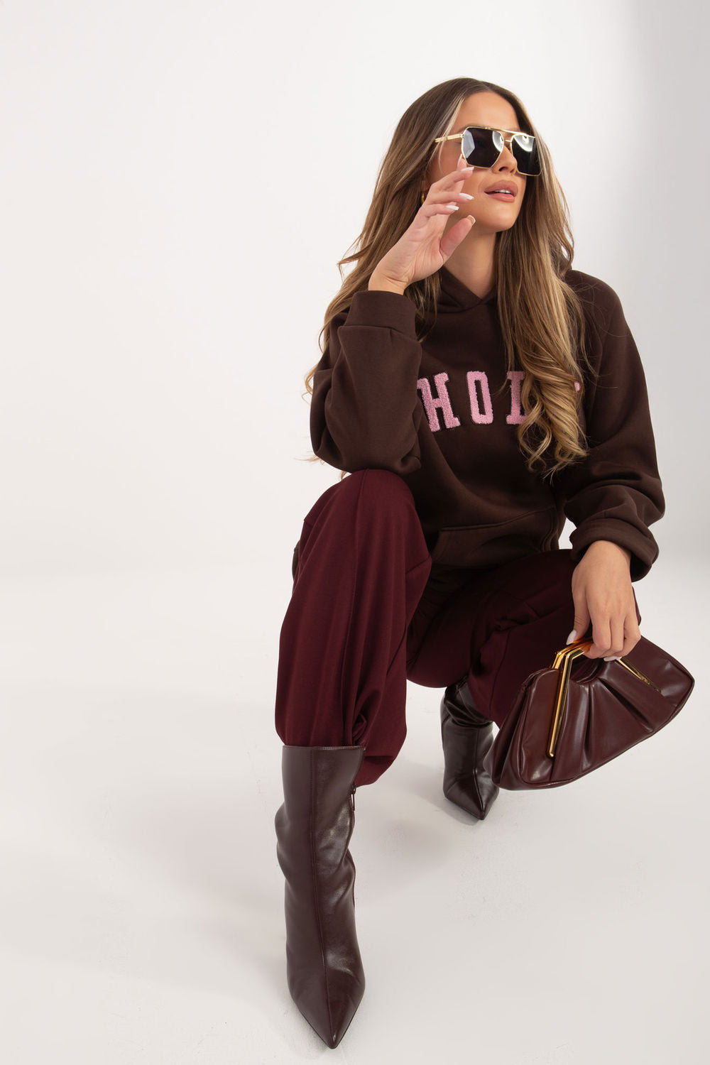 Rue Paris Dark Brown Hooded Long Sleeve Cotton Sweatshirt - view 4