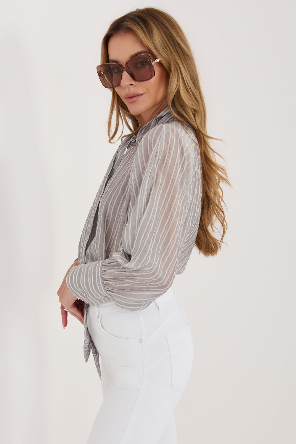 Italy Moda Grey Striped Long Sleeve Top - view 3