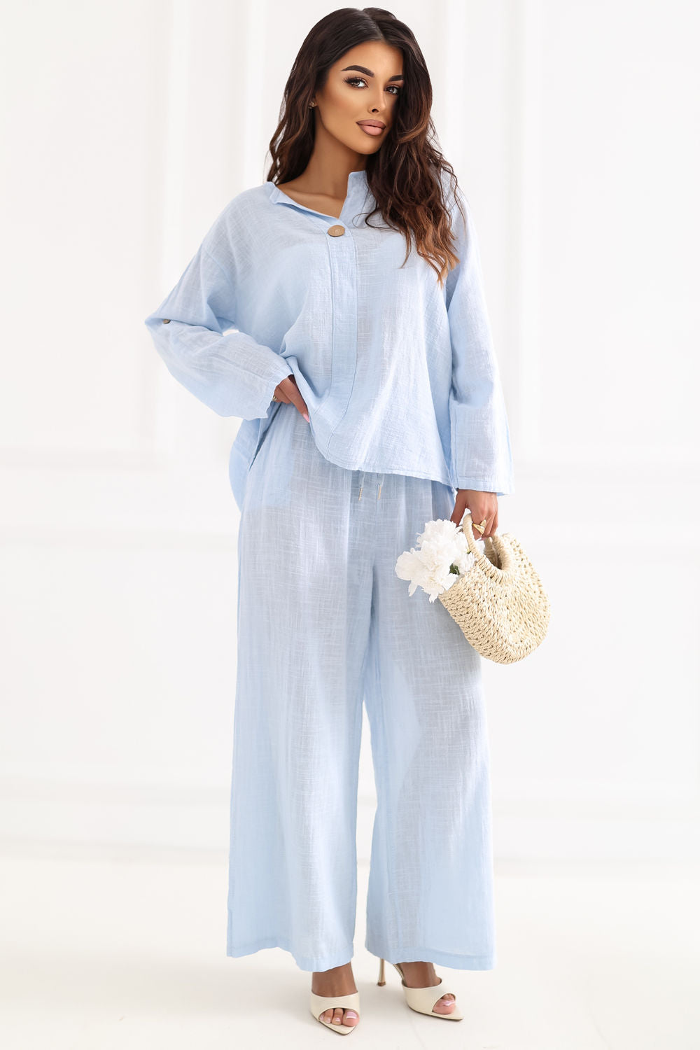 Italy Moda Light Blue Wide Leg High Waisted Trousers