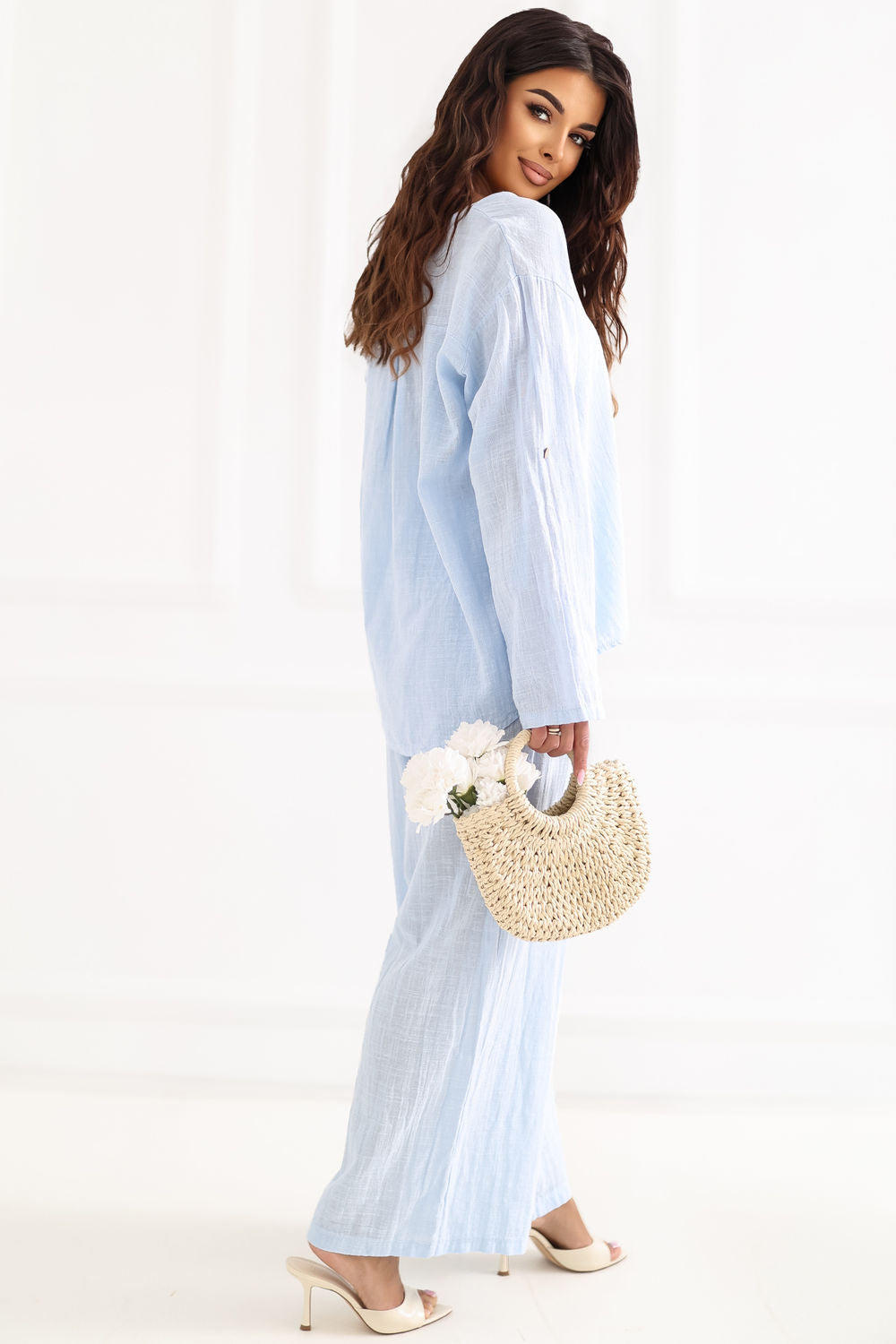 Italy Moda Light Blue Wide Leg High Waisted Trousers - view 3