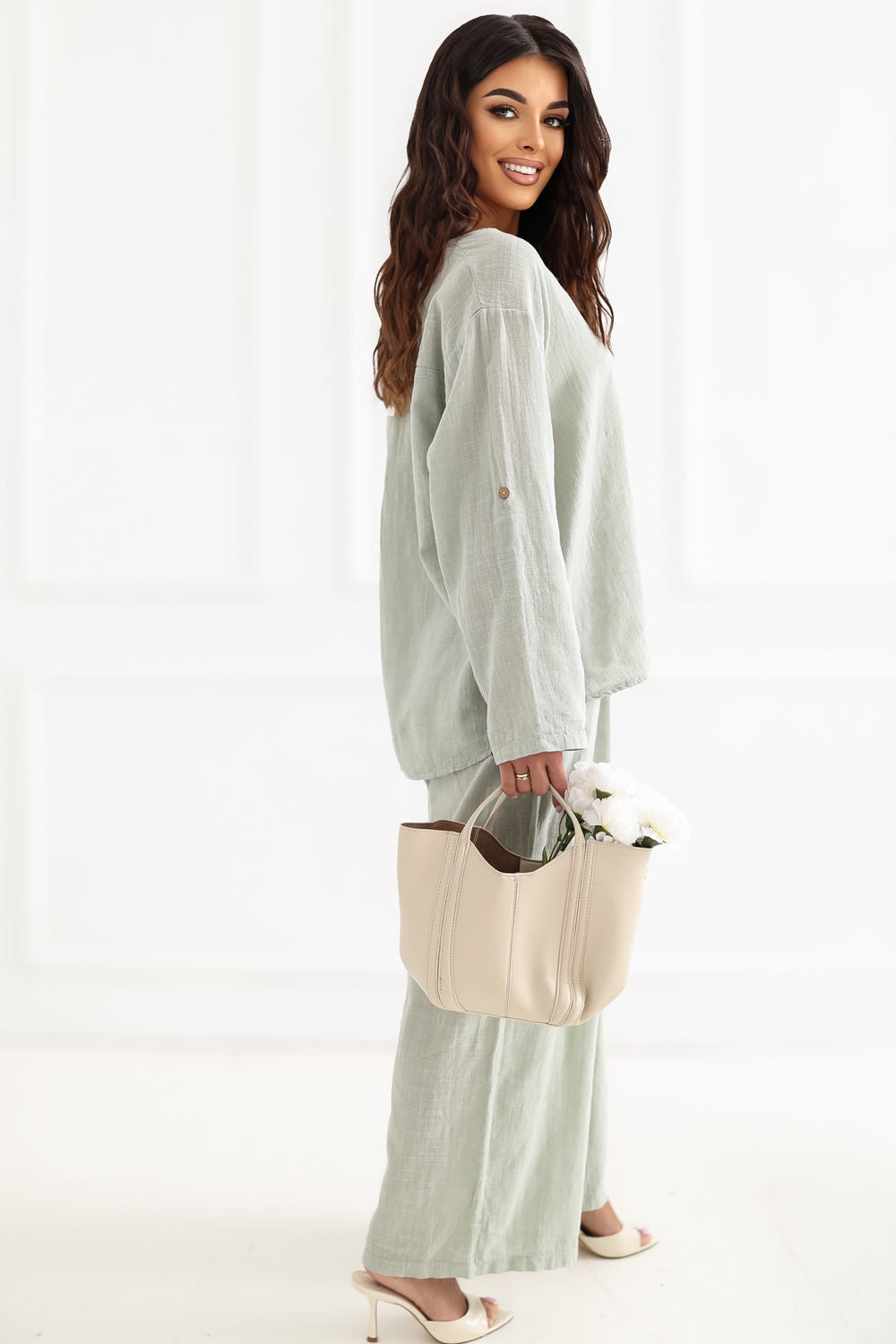 Italy Moda Khaki Wide Leg High Waisted Trousers - view 3