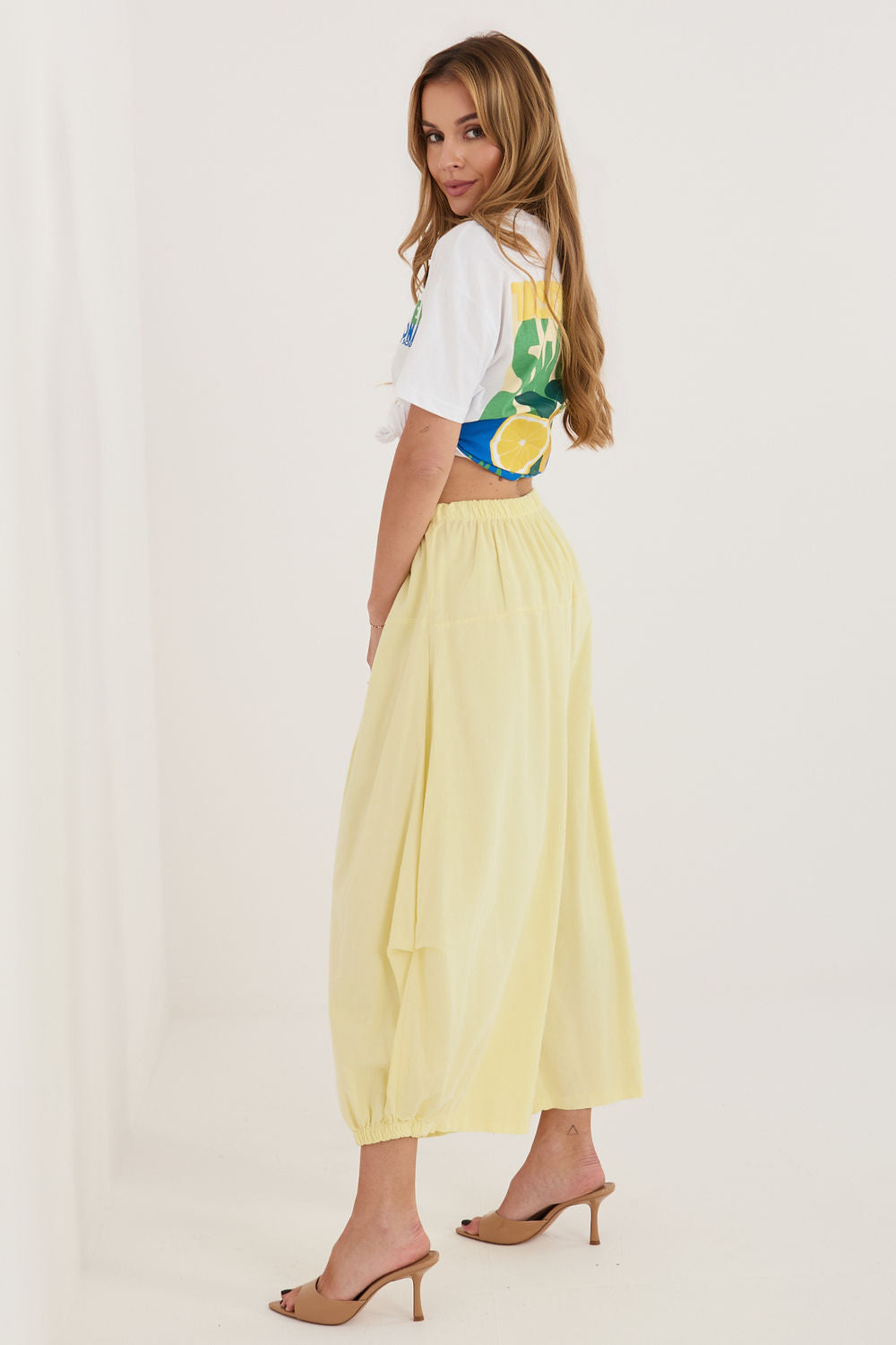 Italy Moda Light Yellow Loose Fit High Waisted Cotton Corduroy Trousers - view 2