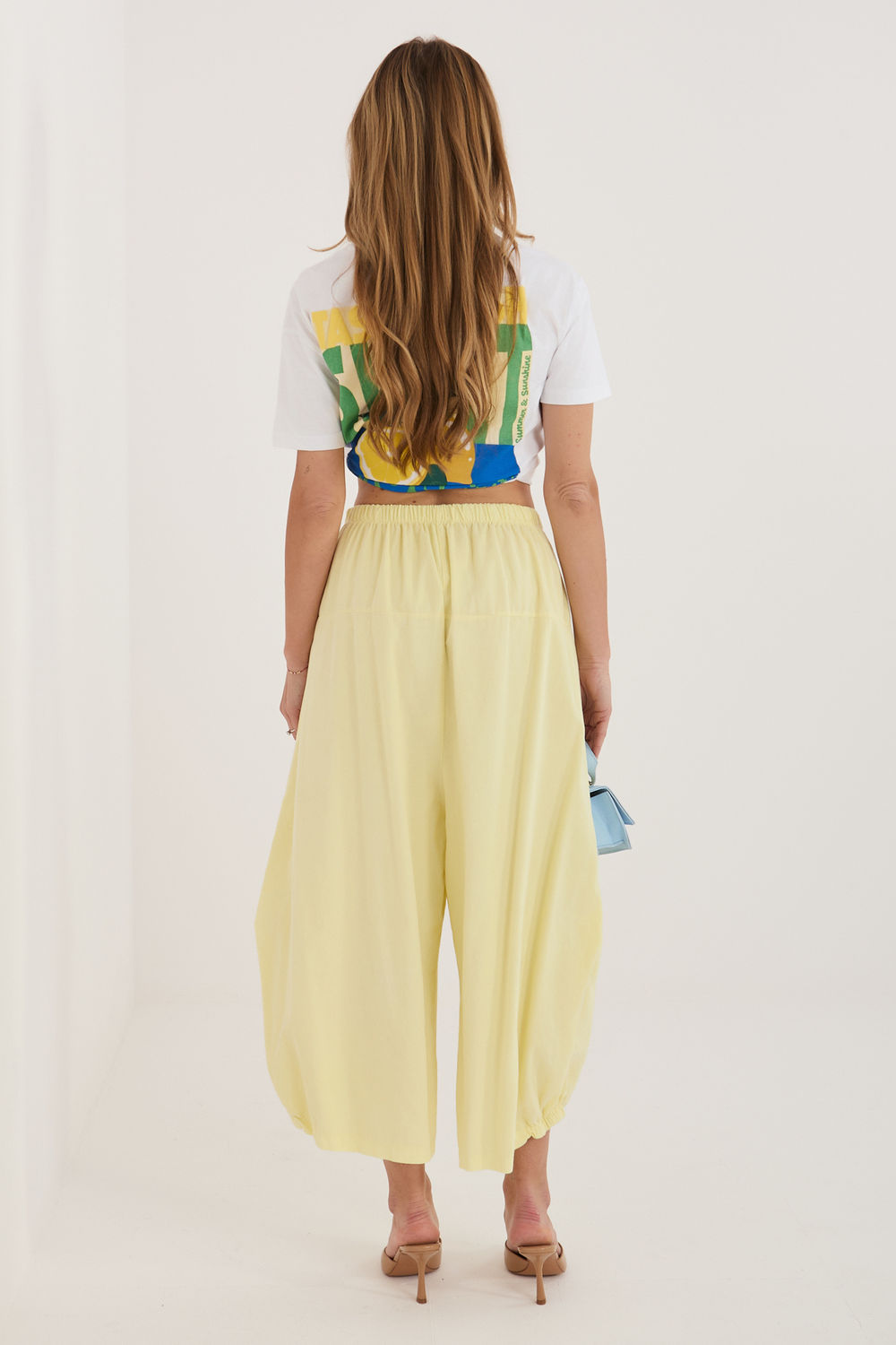 Italy Moda Light Yellow Loose Fit High Waisted Cotton Corduroy Trousers - view 3