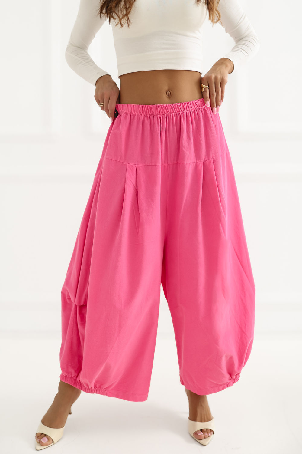 Italy Moda Dark Pink Loose Fit High Waisted Cotton Corduroy Trousers