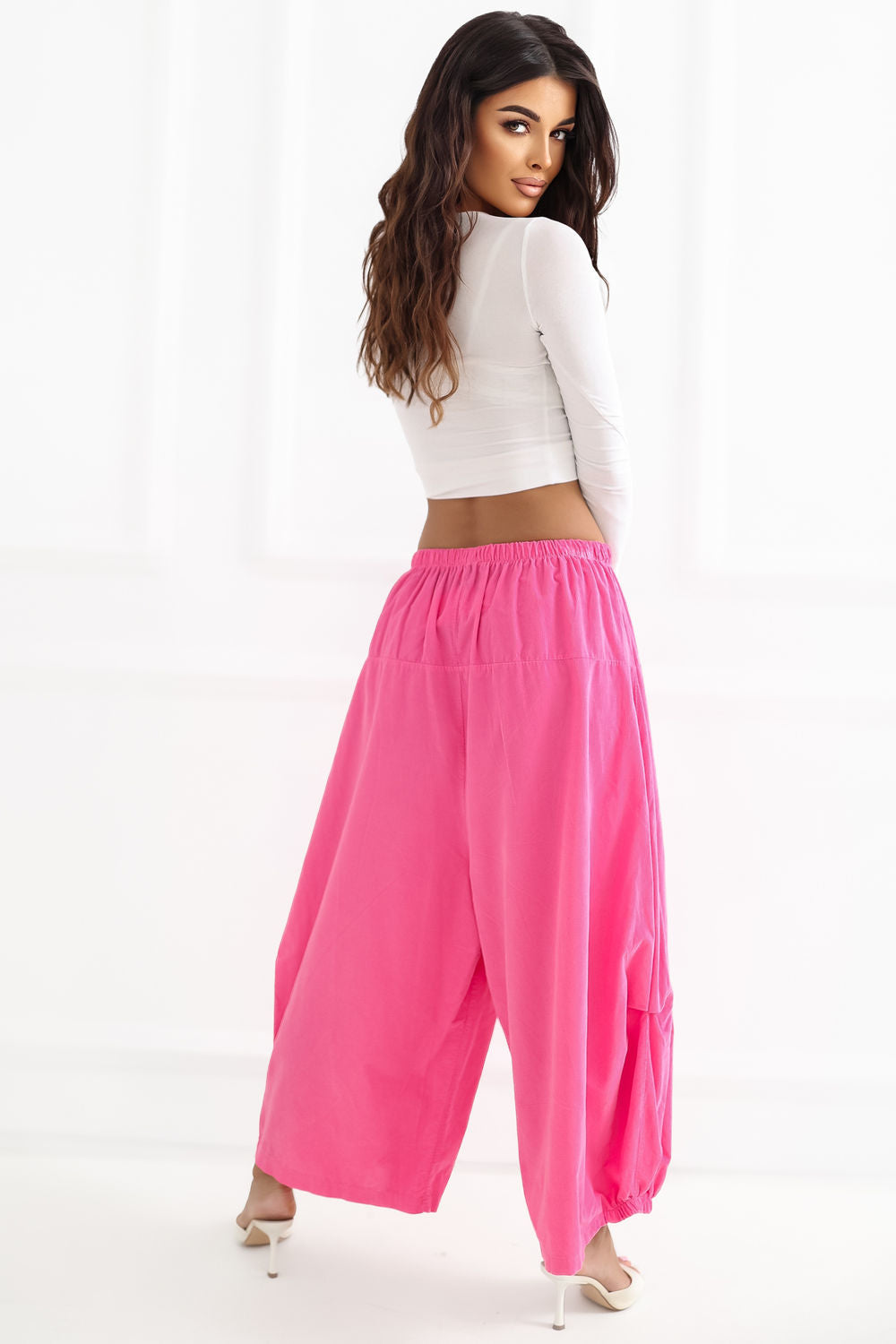 Italy Moda Dark Pink Loose Fit High Waisted Cotton Corduroy Trousers - view 4