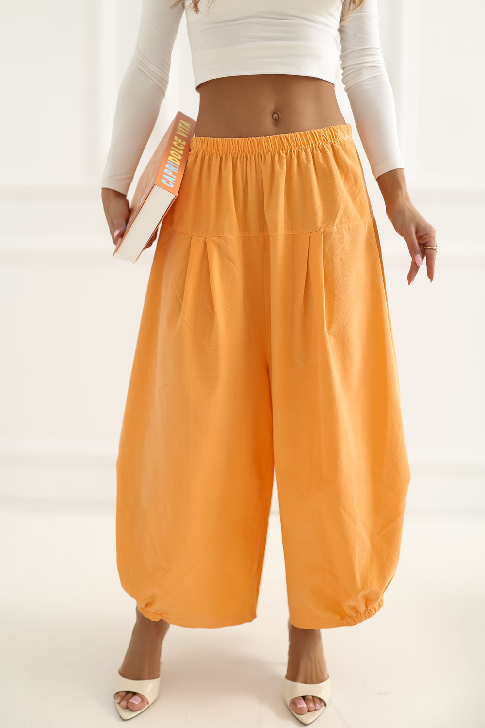 Italy Moda Light Orange Loose Fit High Waisted Cotton Corduroy Trousers