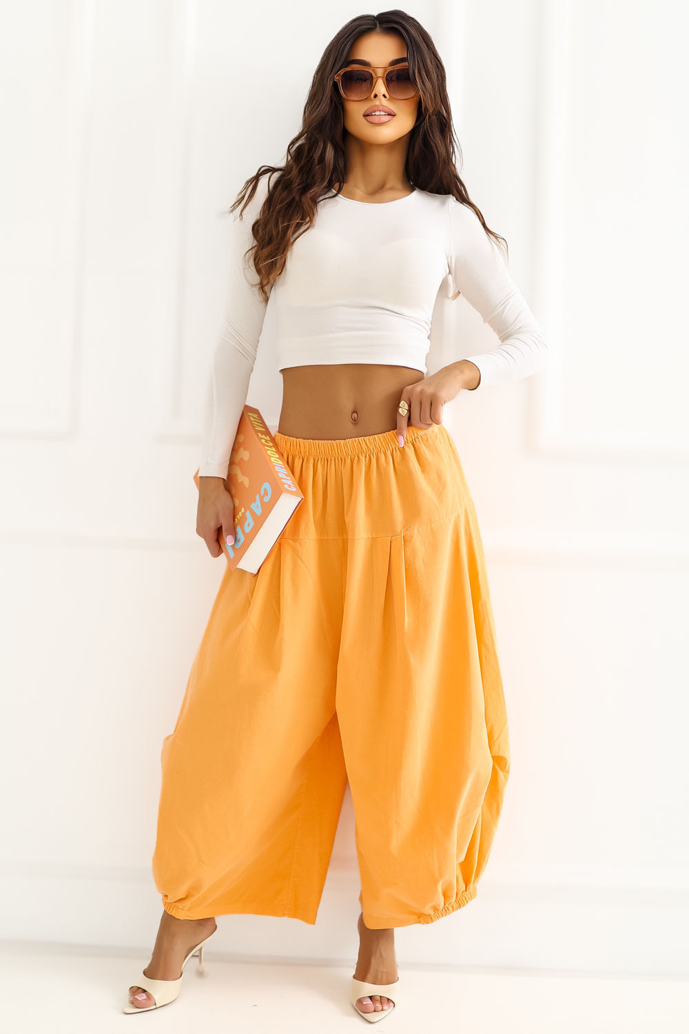 Italy Moda Light Orange Loose Fit High Waisted Cotton Corduroy Trousers - view 2