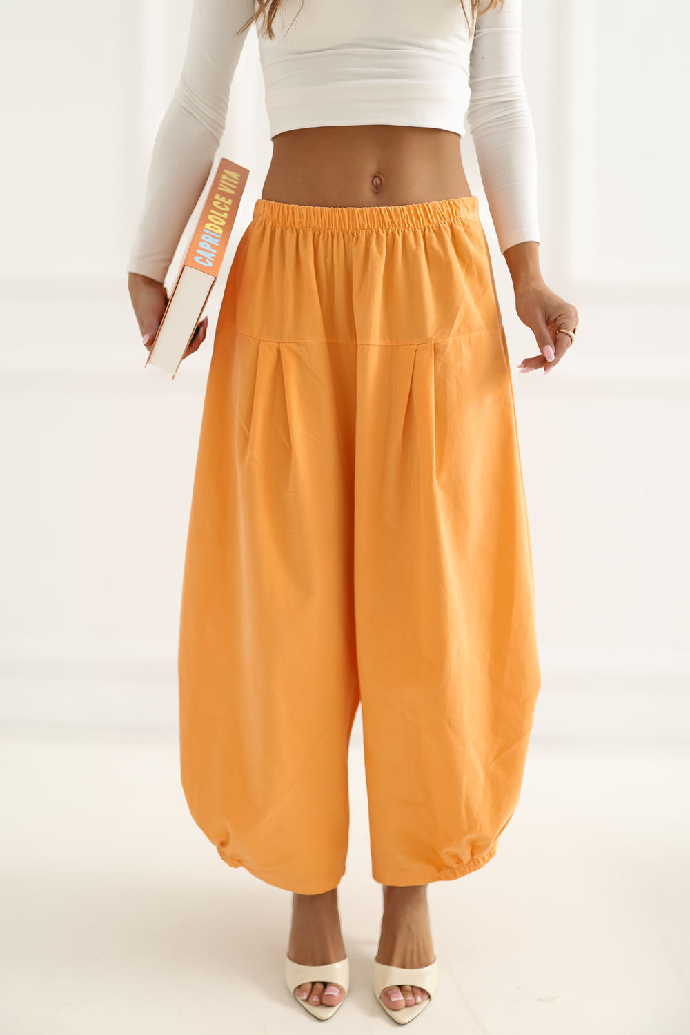 Italy Moda Light Orange Loose Fit High Waisted Cotton Corduroy Trousers - view 3