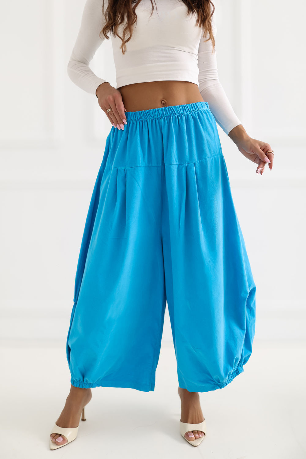 Italy Moda Blue Loose Fit High Waisted Cotton Corduroy Trousers