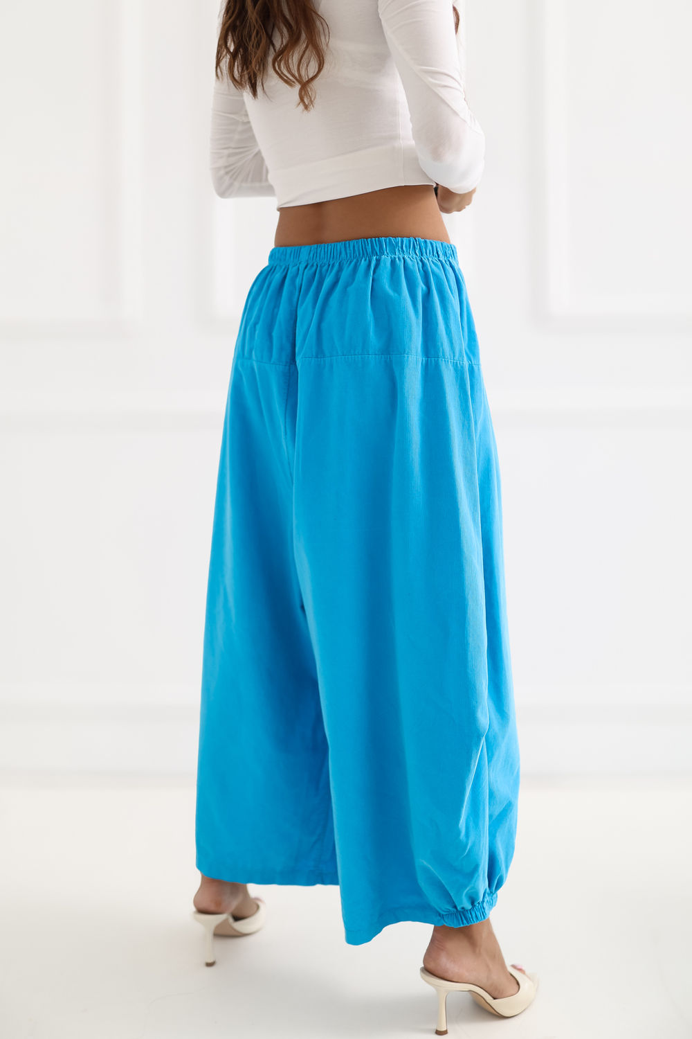 Italy Moda Blue Loose Fit High Waisted Cotton Corduroy Trousers - view 2