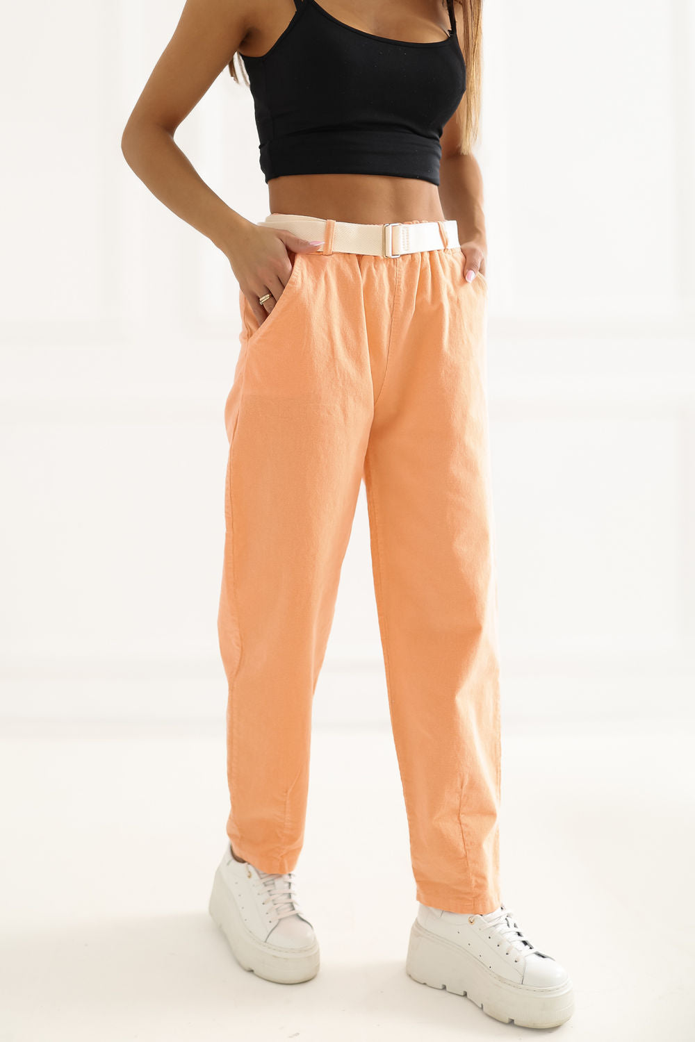 Italy Moda Light Orange High Waisted Cotton Corduroy Trousers with Pockets - view 2