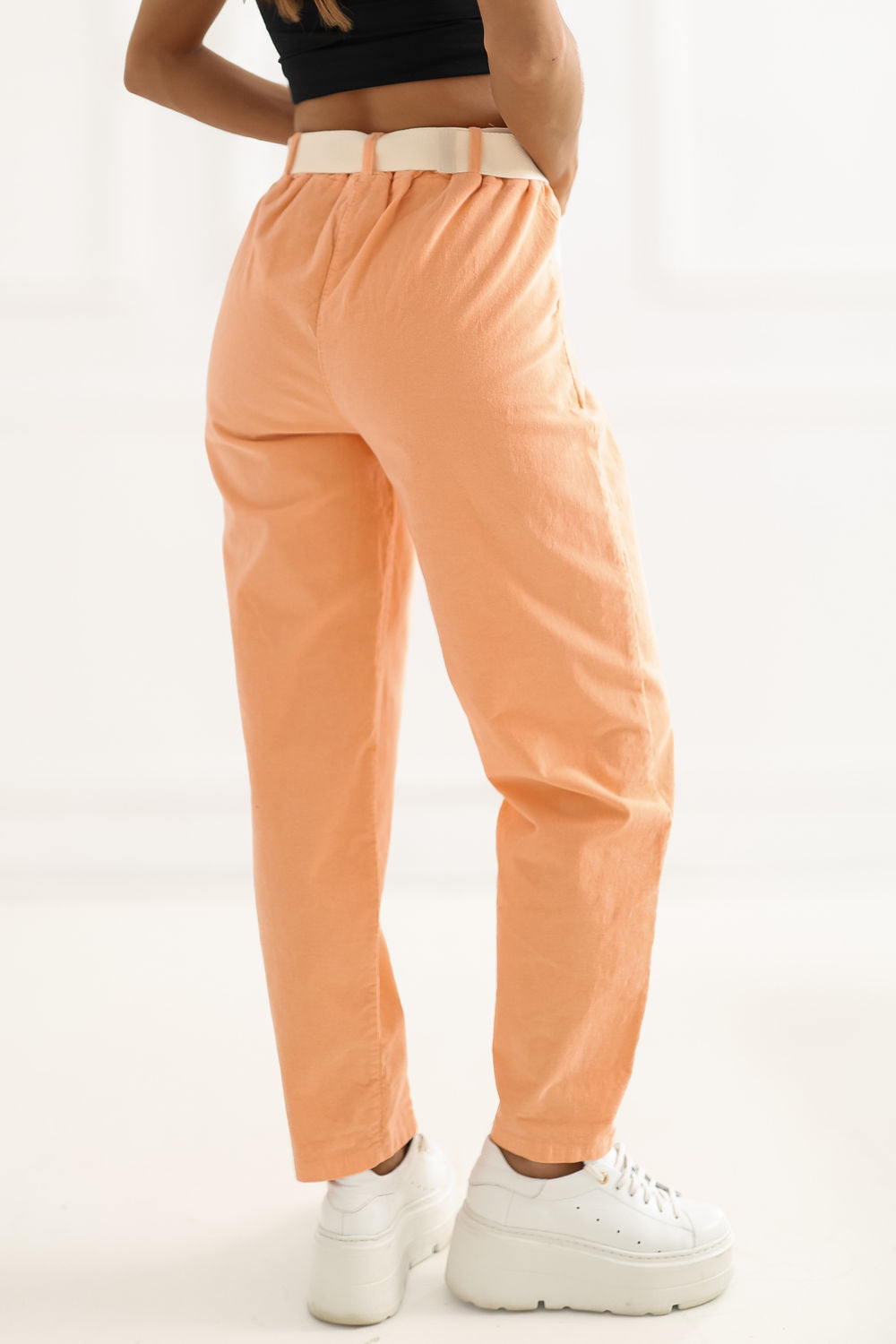 Italy Moda Light Orange High Waisted Cotton Corduroy Trousers with Pockets - view 3