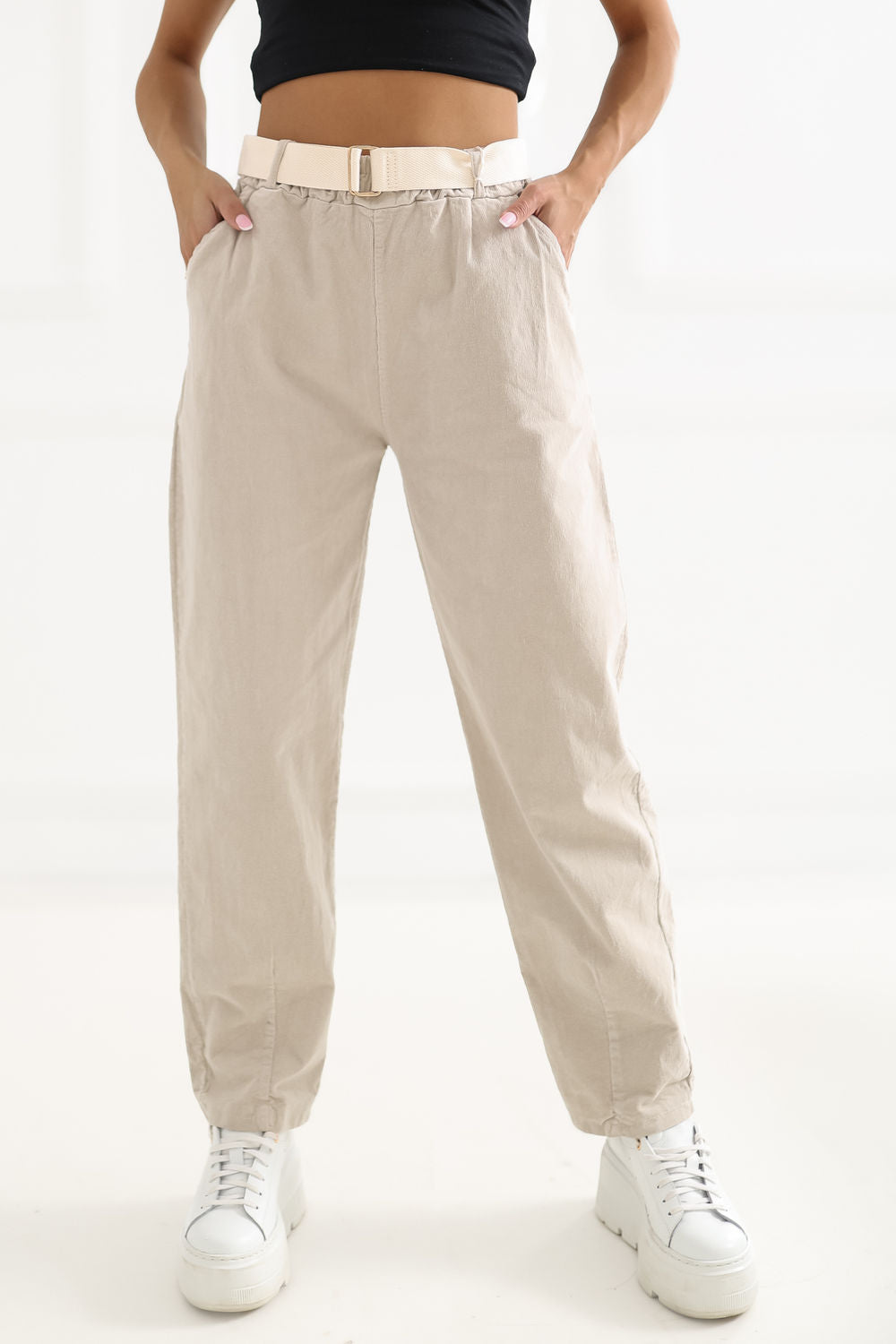 Italy Moda Beige High Waisted Cotton Corduroy Trousers with Belt