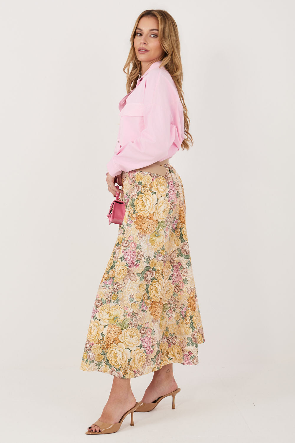 Italy Moda Yellow Floral Midi Skirt - view 2