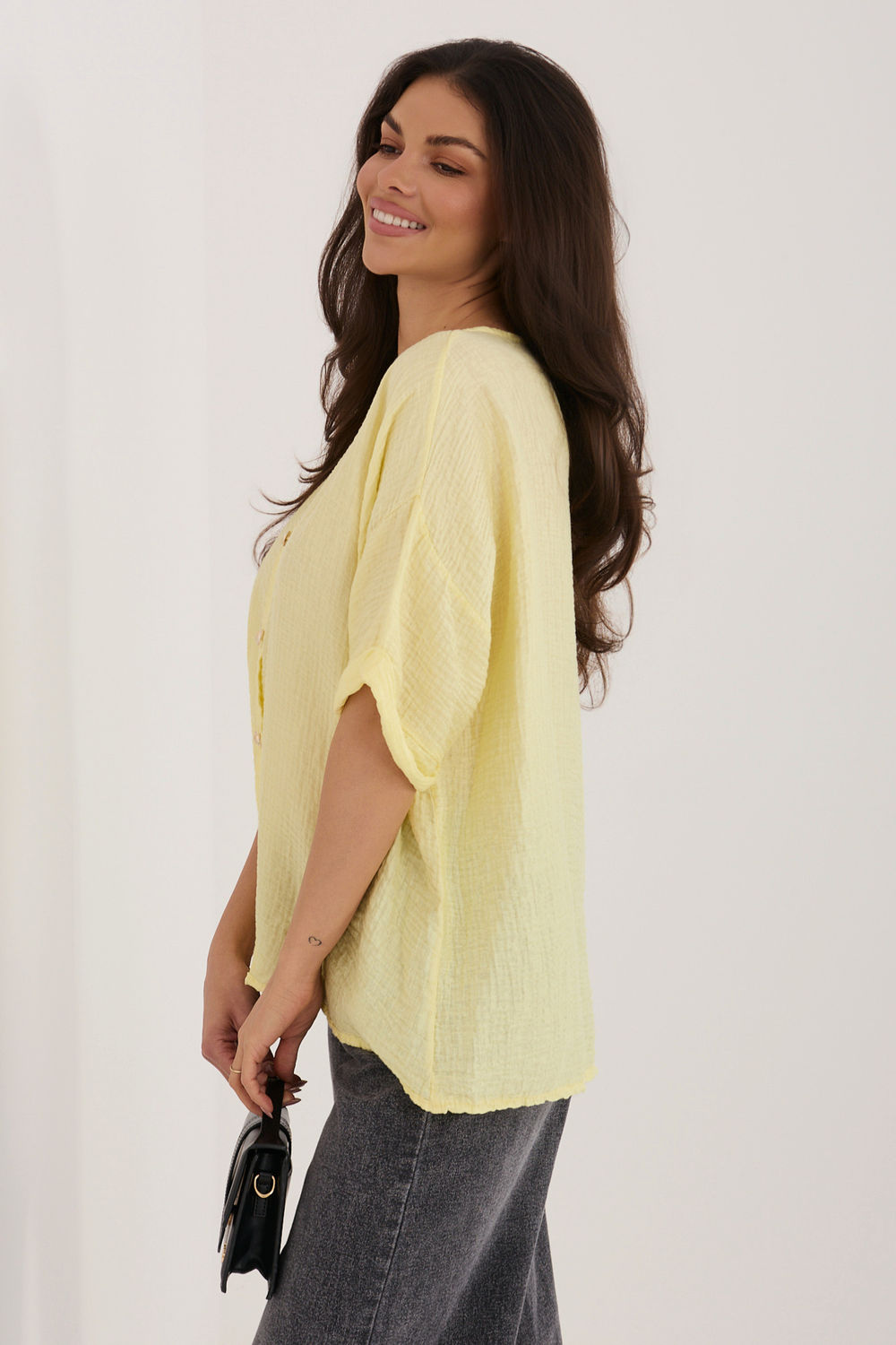 Italy Moda Light Yellow V-Neck Short Sleeve Top - view 2