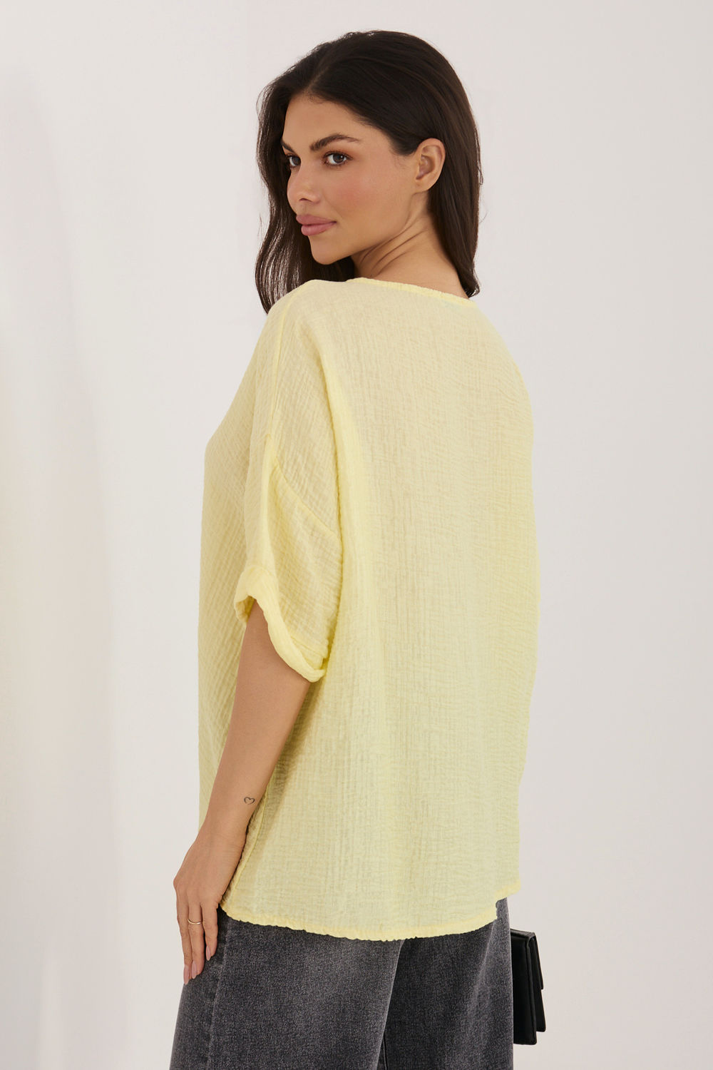 Italy Moda Light Yellow V-Neck Short Sleeve Top - view 3