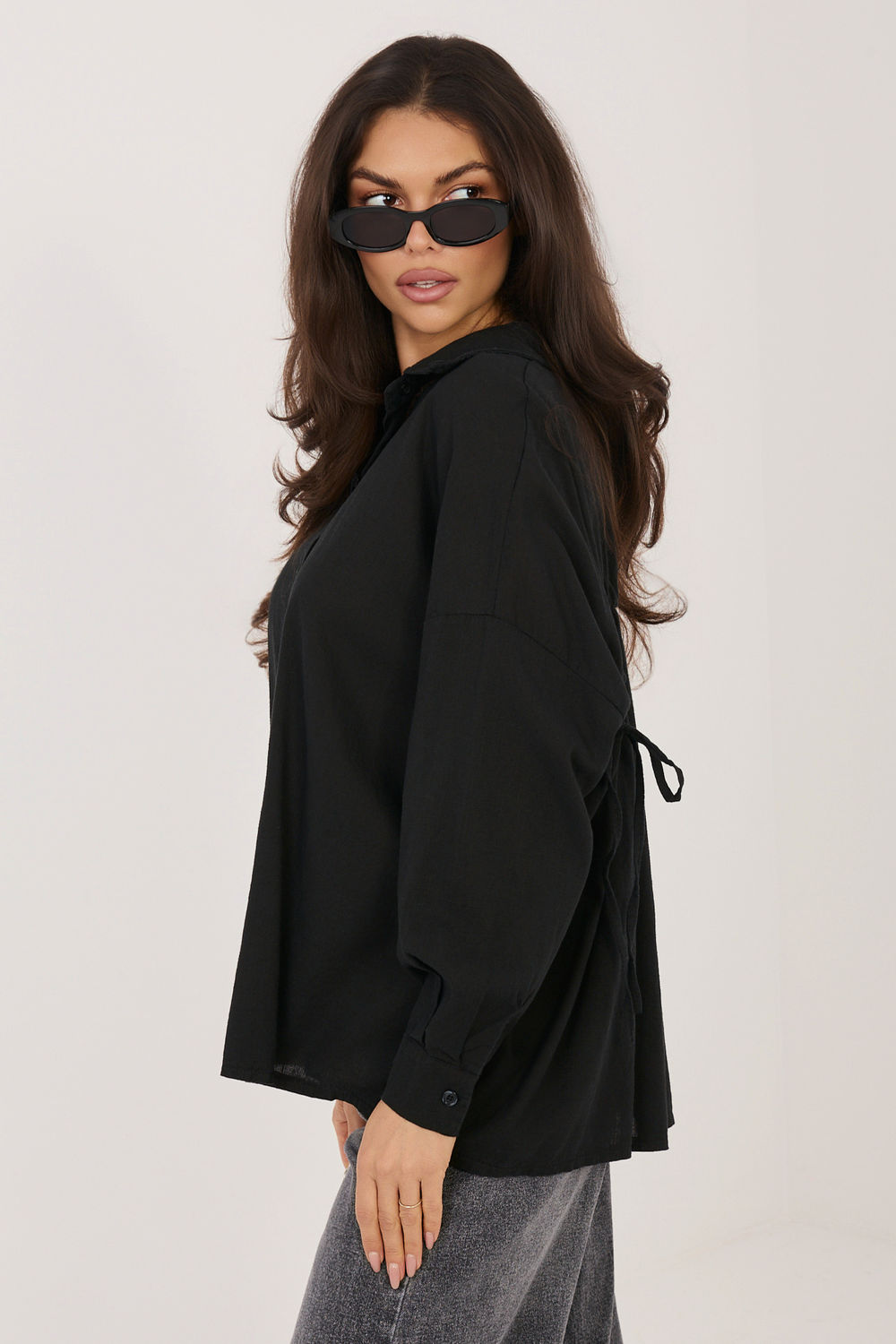 Italy Moda Black Linen Cotton Long Sleeve Top