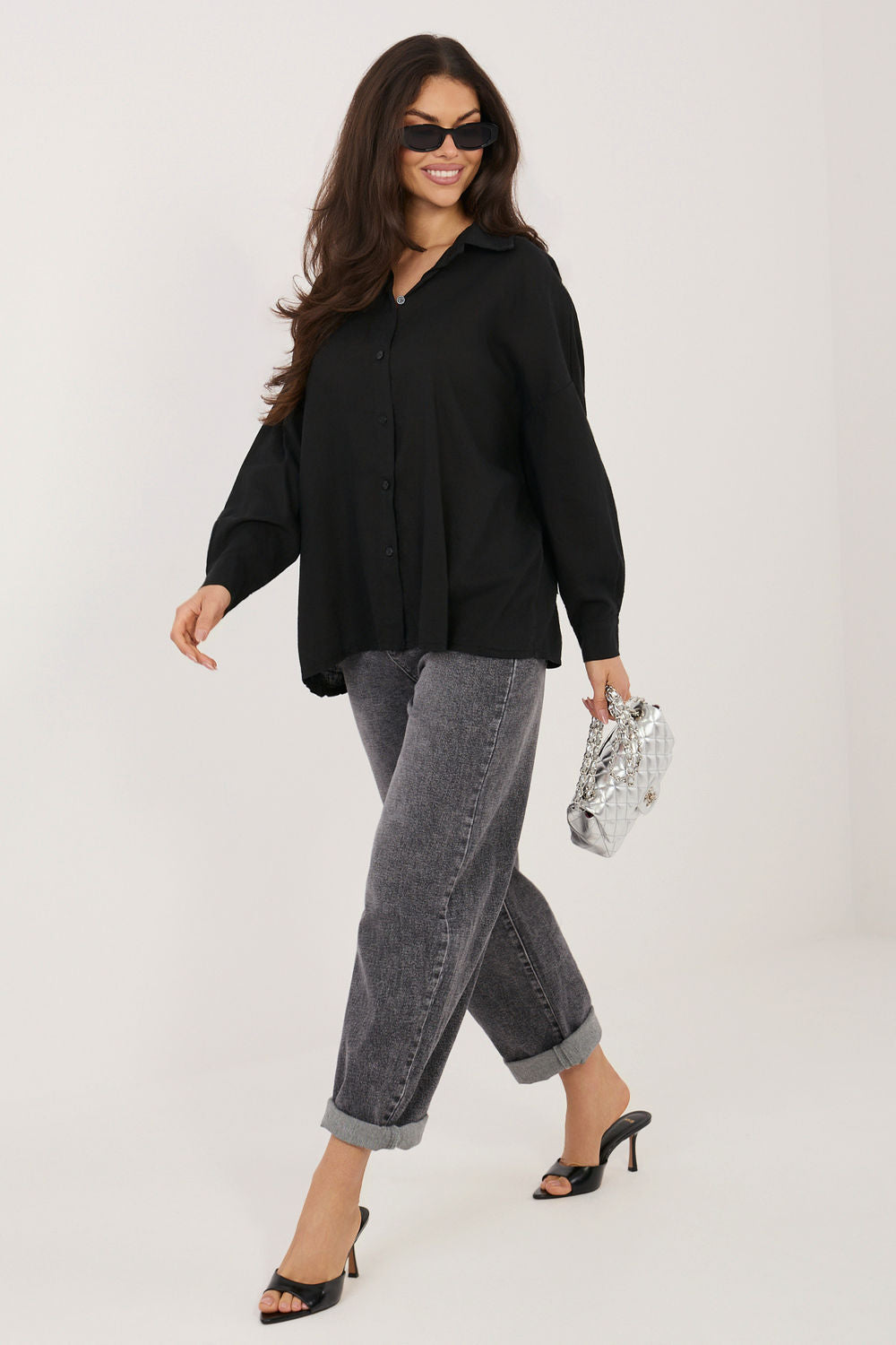 Italy Moda Black Linen Cotton Long Sleeve Top - view 2